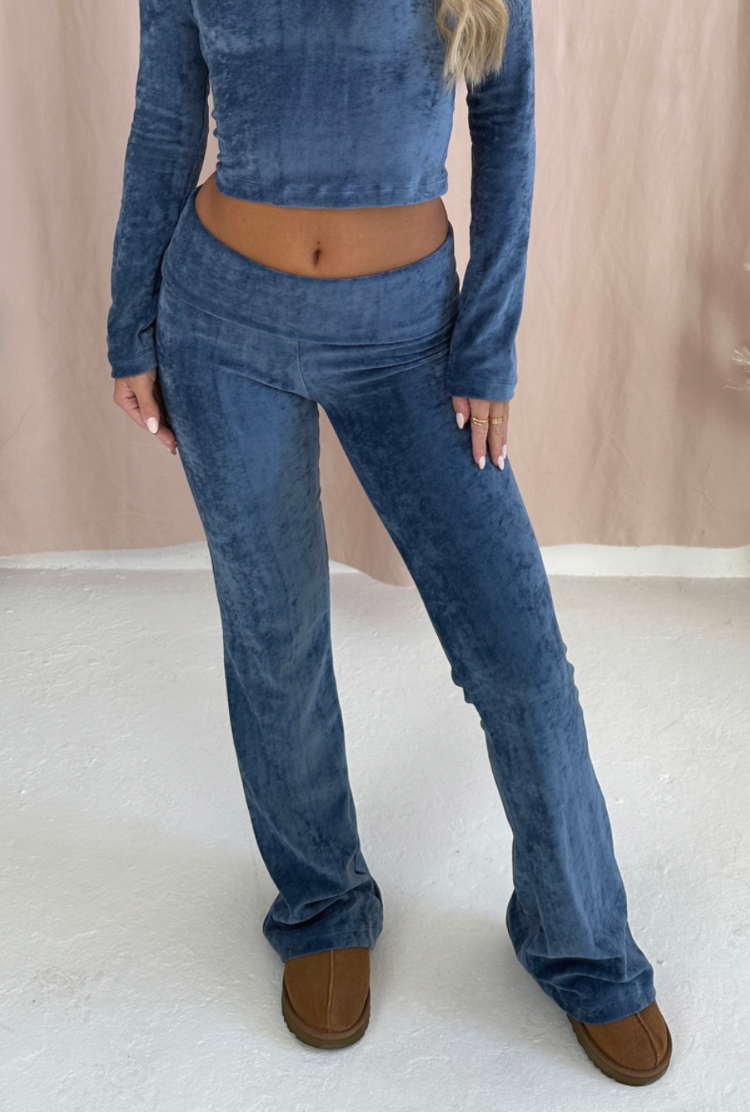 FOLDOVER Pants in Petrol Blue Velour