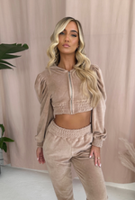 FREYA Zip Up Cropped Jacket in Taupe Velour