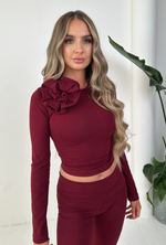AMIE Long Sleeved Flower Tee in Burgundy Jersey