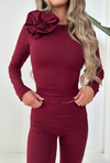 AMIE Long Sleeved Flower Tee in Burgundy Jersey