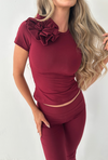 AMIE Short Sleeved Flower Tee in Burgundy Jersey