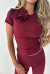 AMIE Short Sleeved Flower Tee in Burgundy Jersey