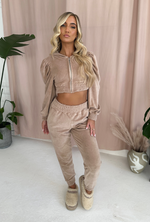 FREYA Zip Up Cropped Jacket in Taupe Velour