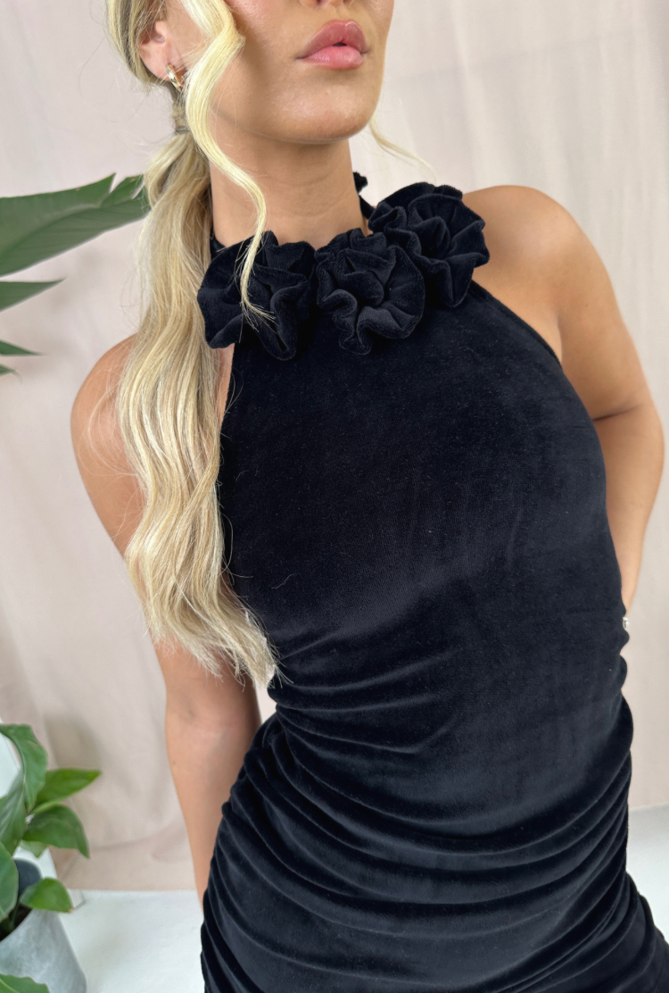 EVA Velour Dress with Flower Detail in Black Velour