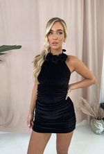 EVA Velour Dress with Flower Detail in Black Velour